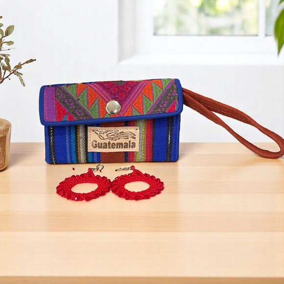 Handmade Guatemalan Coin Purse Boho Woven Wallet And Red Beaded Earrings Set - Picture 1 of 7